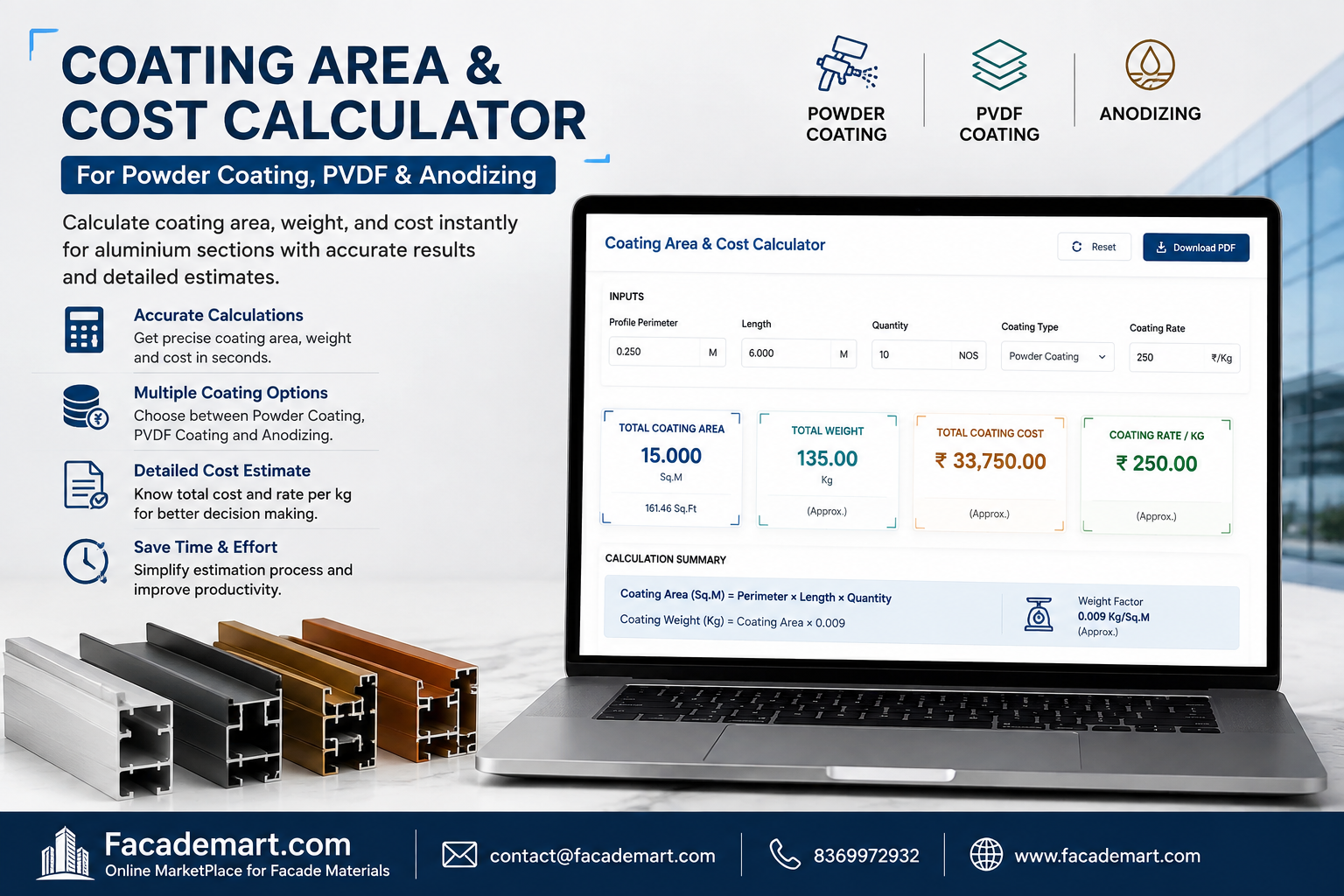 Coating Area & Cost Calculator for Powder Coating, PVDF & Anodizing