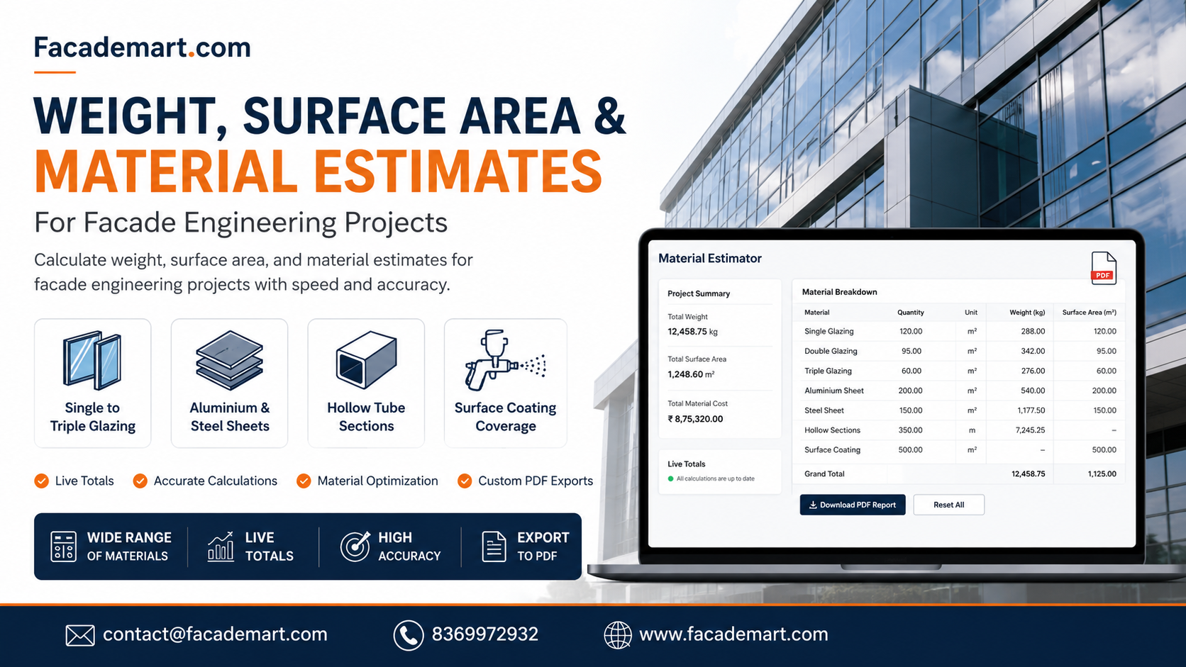 Facade Estimator — Glass, Metal & Coating Weight Calculator
